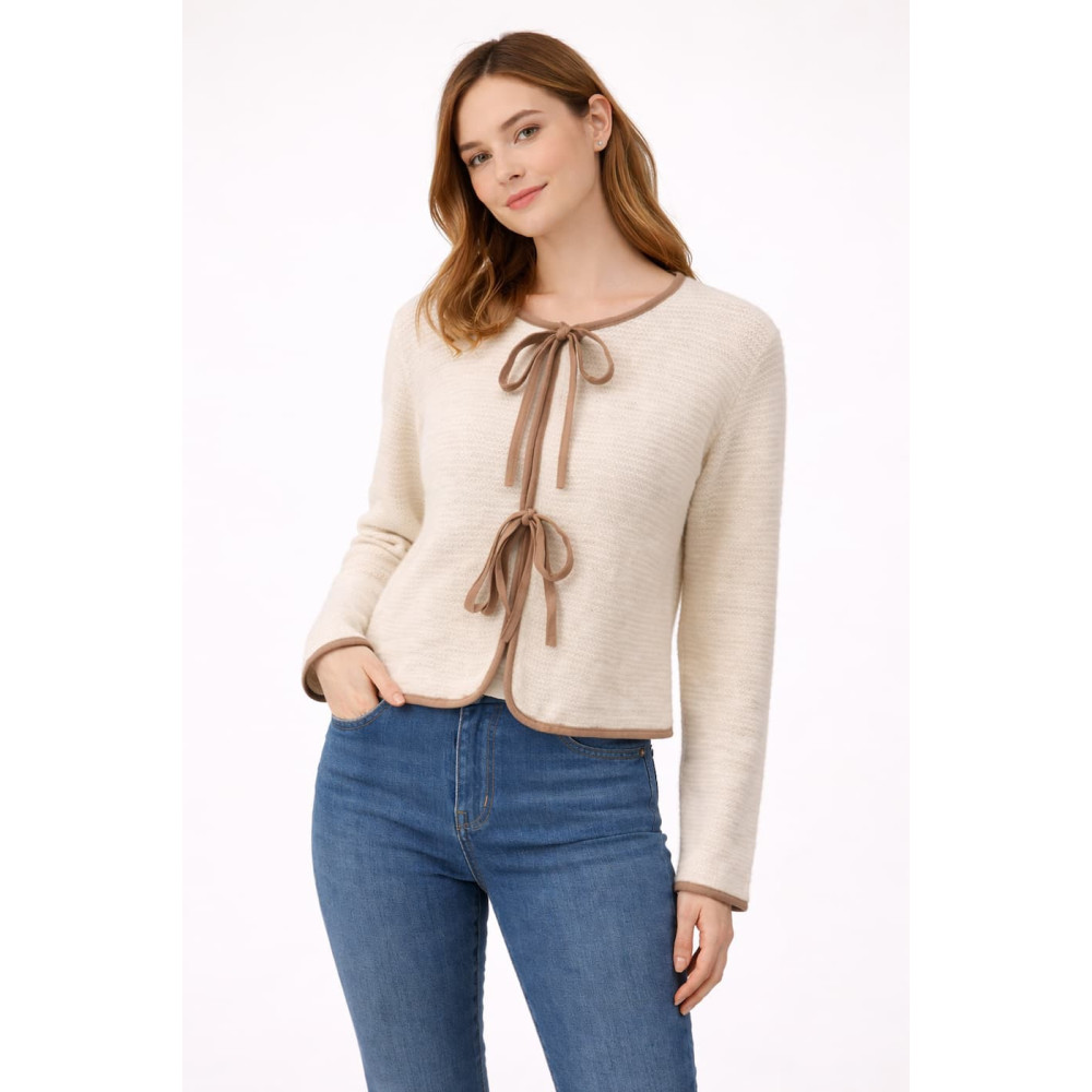 Cárdigan beige de punto con lazadas delanteras