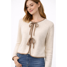 Cárdigan beige de punto con lazadas delanteras