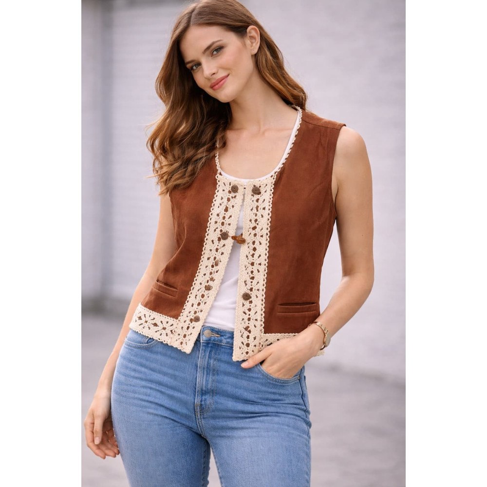 Chaleco camel de mujer con encaje crochet