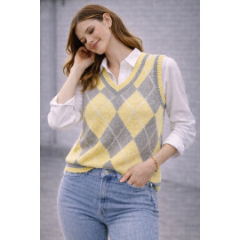 Chaleco punto rombos amarillo gris mujer cuello pico