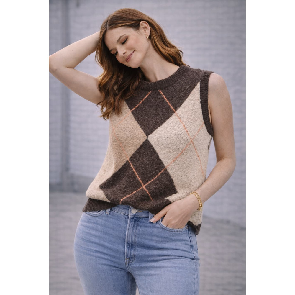 Chaleco de punto de mujer con rombos marrón y beige