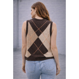 Chaleco de punto de mujer con rombos marrón y beige