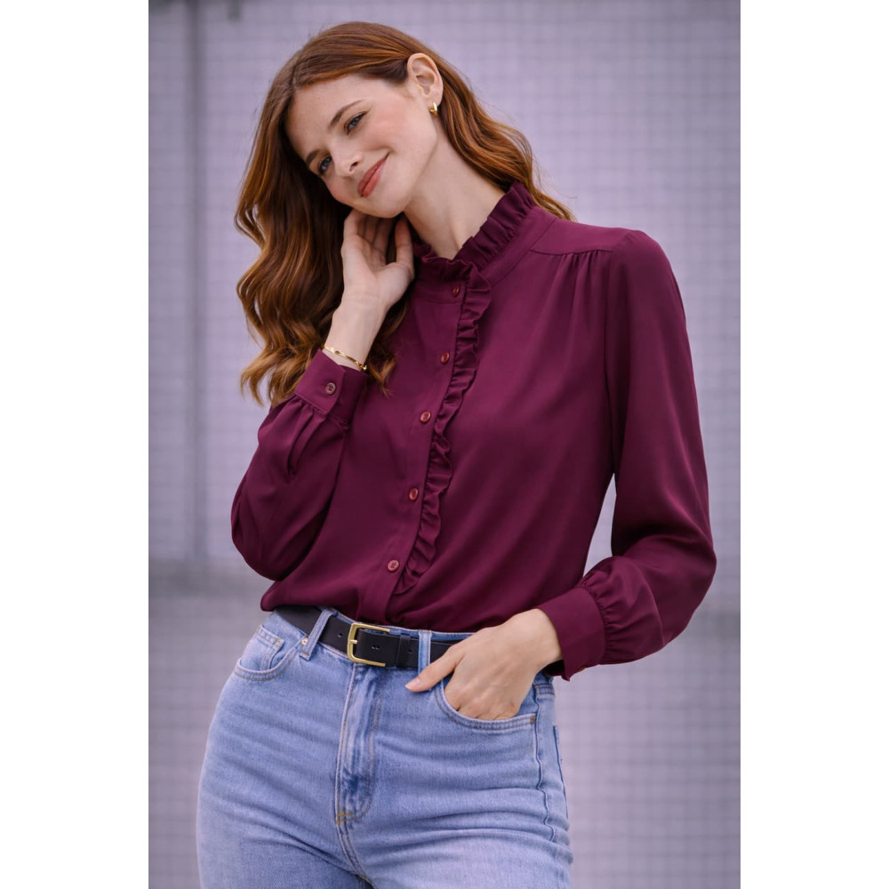 Blusa burdeos de mujer con volante y cuello fruncido