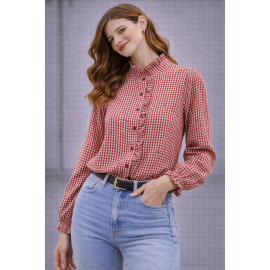 Blusa vichy roja de mujer con volante y cuello fruncido