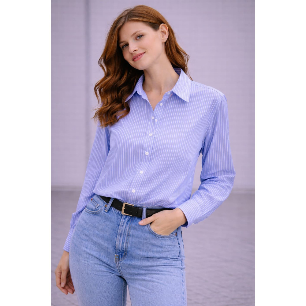 Camisa de rayas azul de mujer con cuello clásico