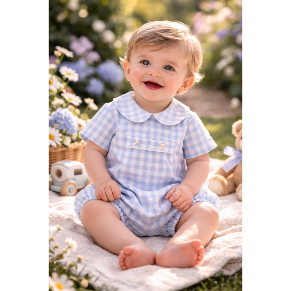 Pelele de bebé vichy azul con cuello bebé