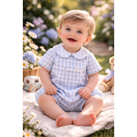 Pelele de bebé vichy azul con cuello bebé