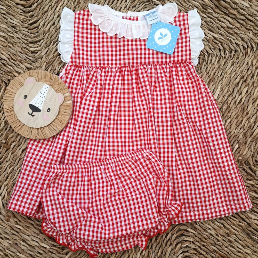 Vestido bebé niña vichy rojo con braguita a juego