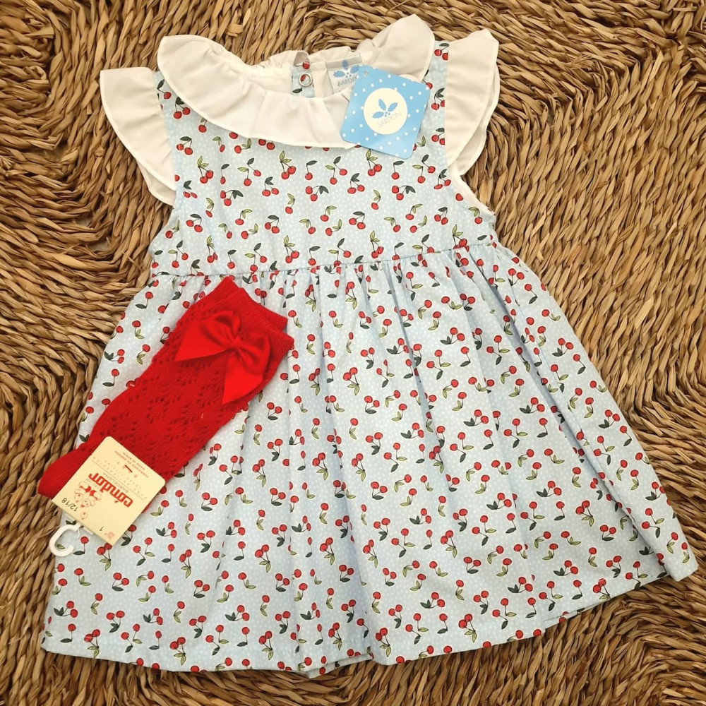 Vestido bebé niña estampado cerezas con cuello blanco